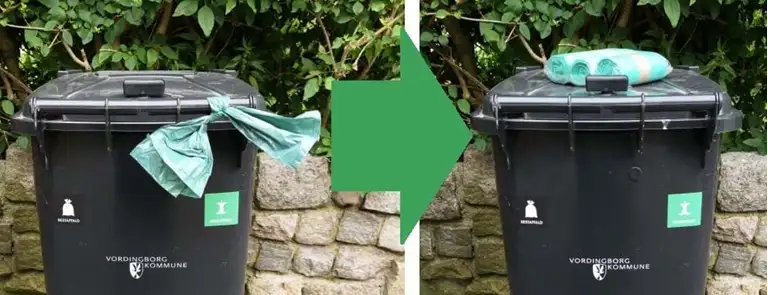 Billede viser at n&aring;r du binder en madaffaldspose p&aring; din beholder til rest- og madaffald, s&aring; f&aring;r du nye poser til madaffald.