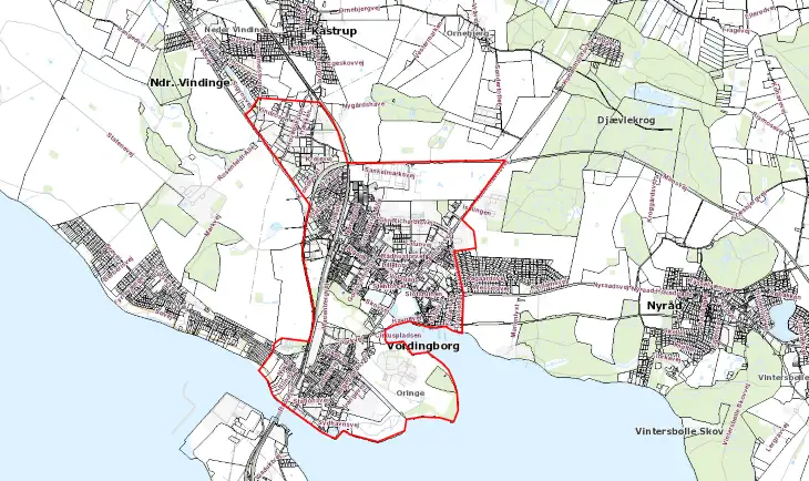 Kort, der viser det omr&aring;de i Vordingborg by, hvor der reguleres m&aring;ger.