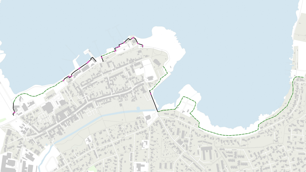 Kort fra Cowi, der viser det foreslåede forløb af diger og mure