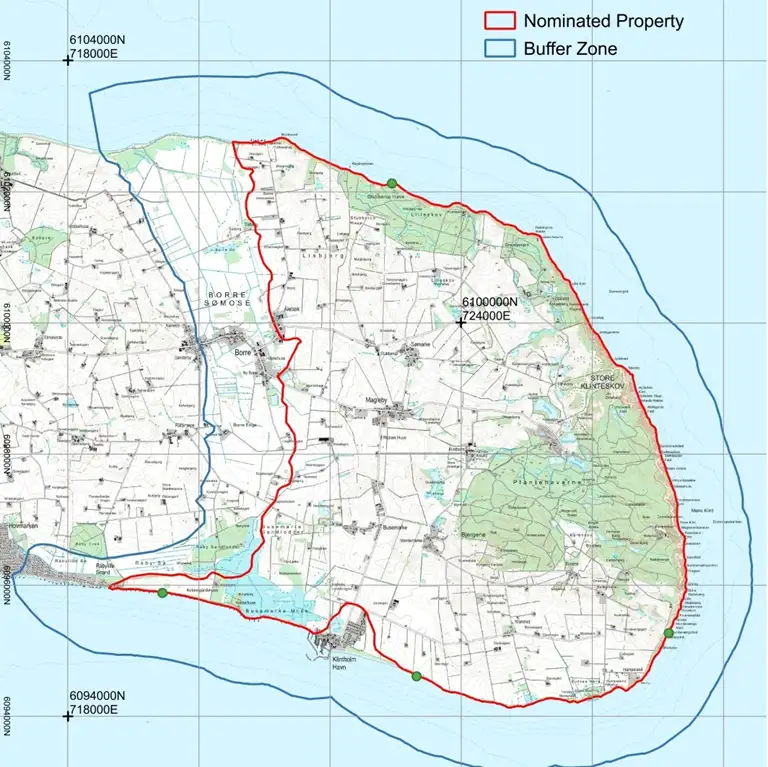 Kort over det udvidede potentielle UNESCO område på Møn