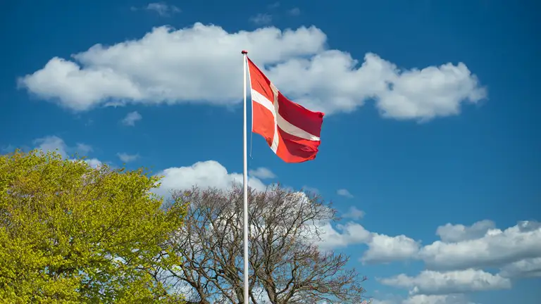Billede af dannebrogsflag i flagstand på en forårsdag