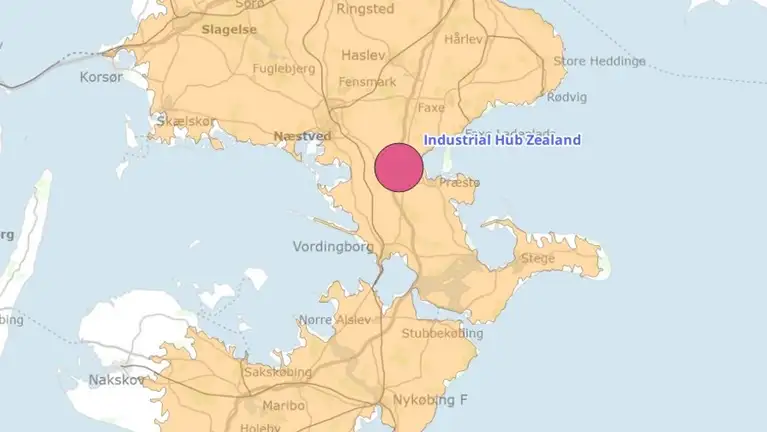 Kort der viser placeringen af Industrial Hub Zealand