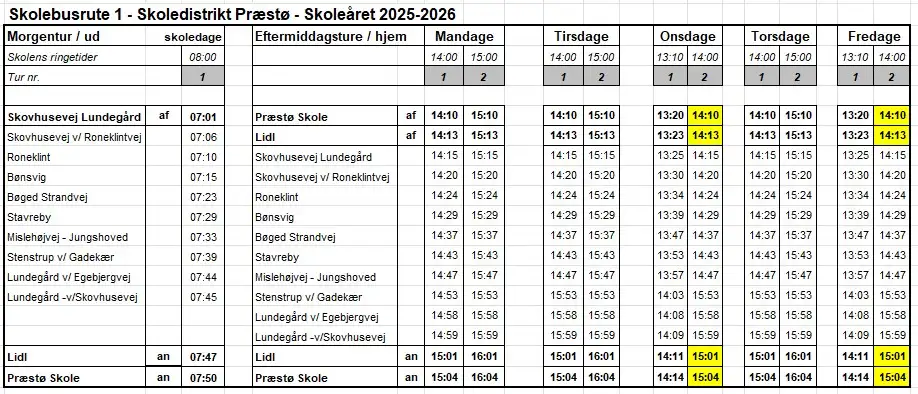 Køreplan for skolebusrute 1