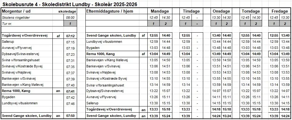 Køreplan for skolebusrute 4