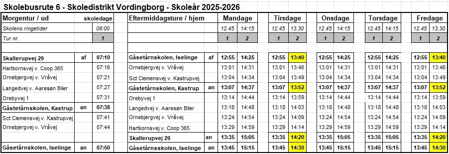 Køreplan for skolebusrute 6