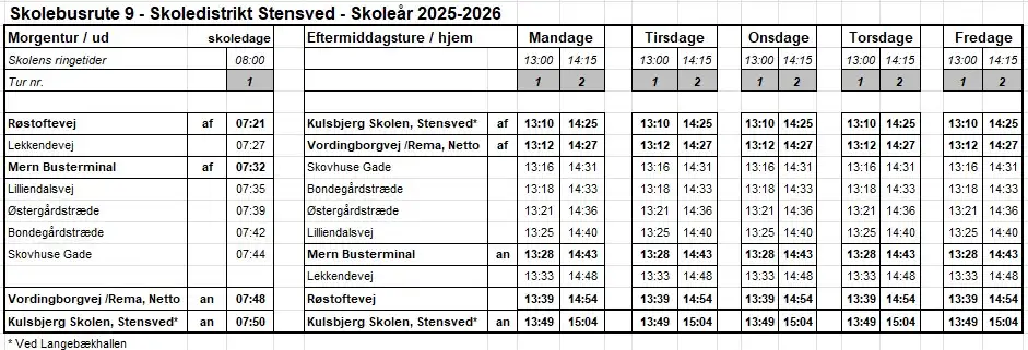 Køreplan for skolebusrute 9