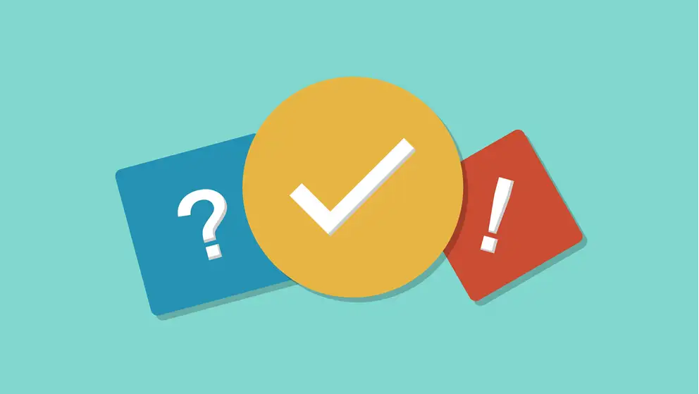 Billede af et spørgsmålstegn, flueben og udråbstegn, der illustrerer quiz