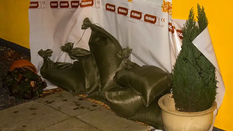 Billede af sandsække, der ligger foran en dør